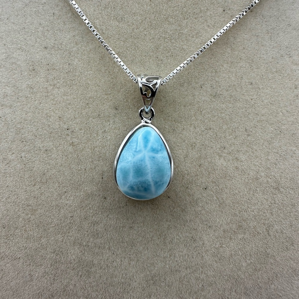 Larimar and Sterling Silver Teardrop Pendant Necklace on Sterling Silver Chain - Picture 2 of 11